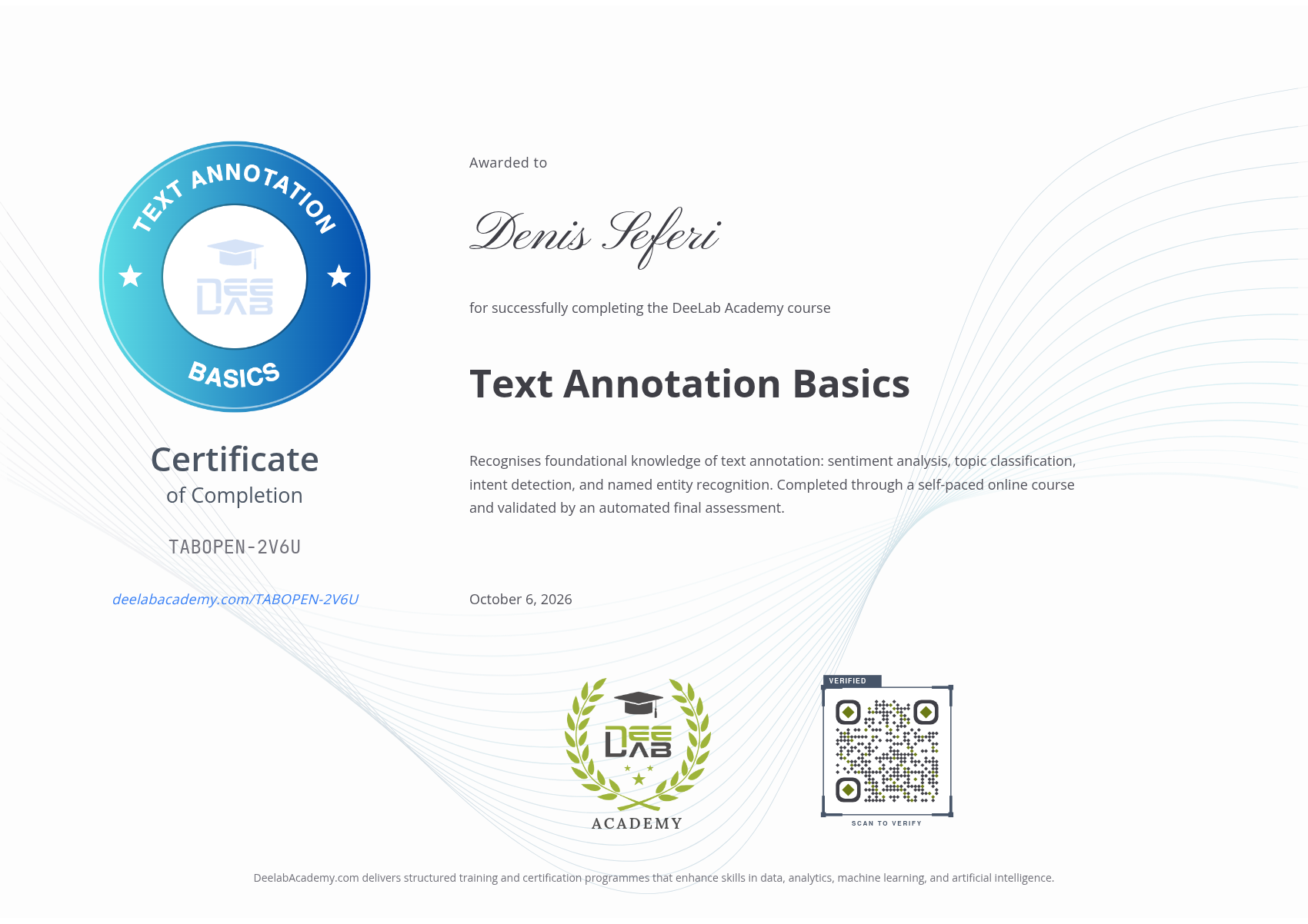 Certificate for Denis Seferi