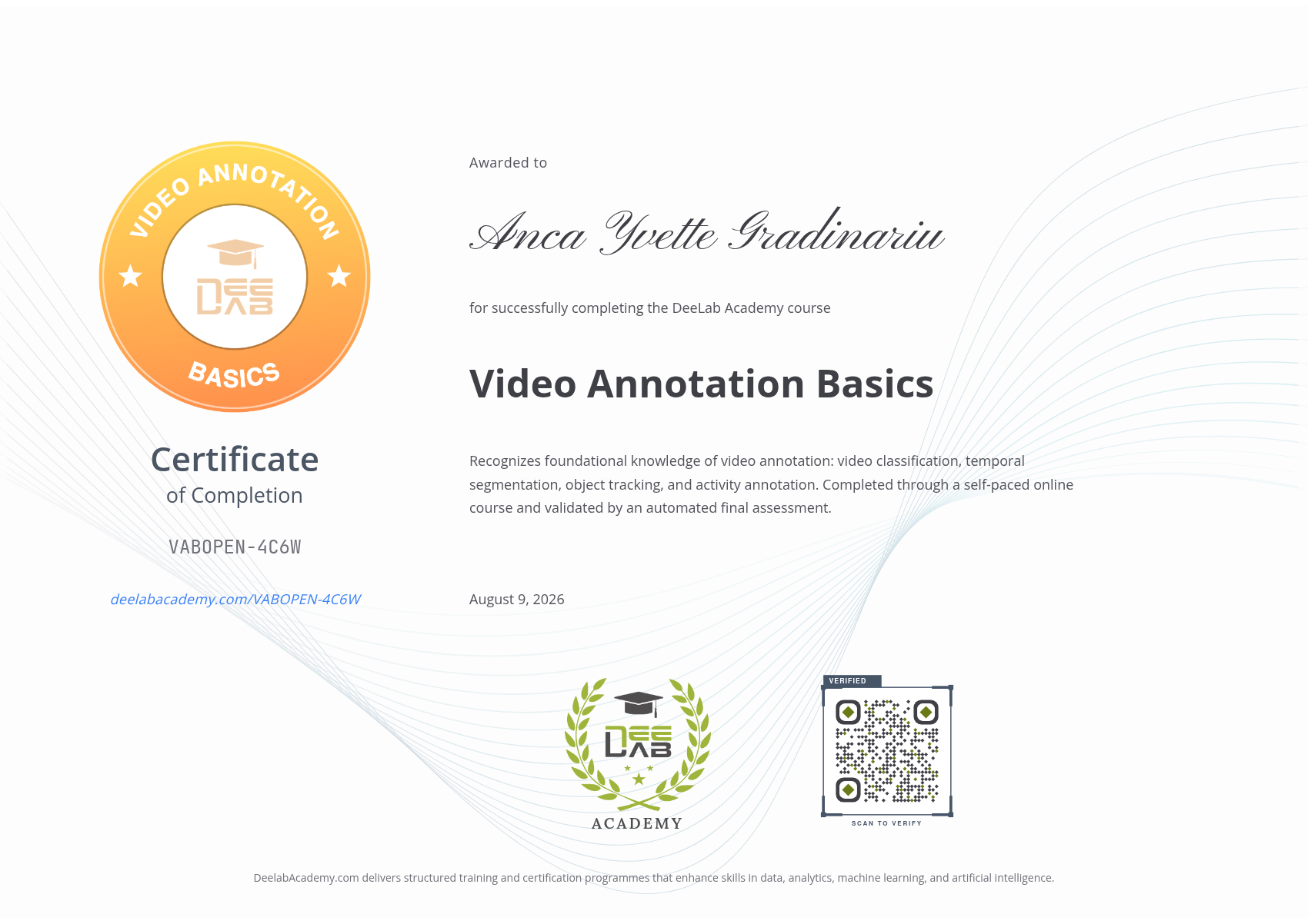 Certificate for Anca Yvette Gradinariu