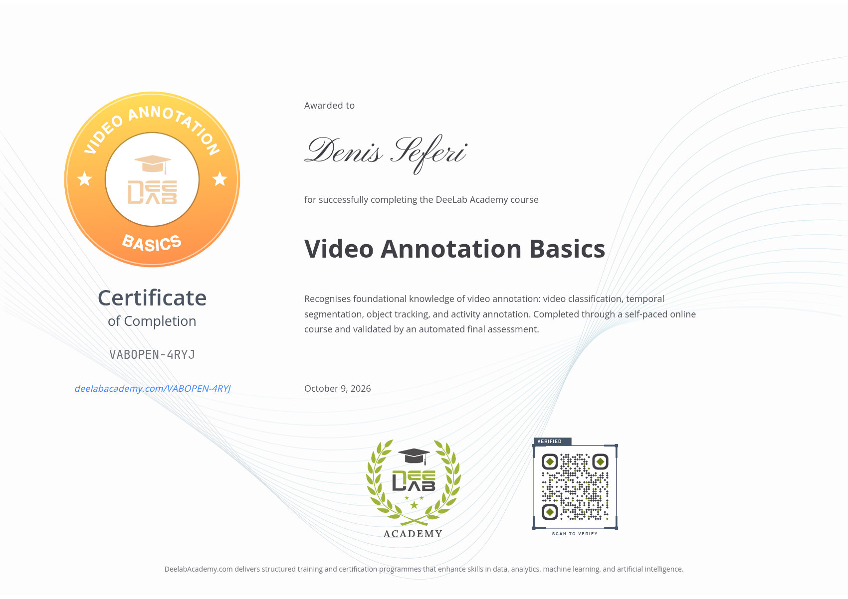 Certificate for Denis Seferi