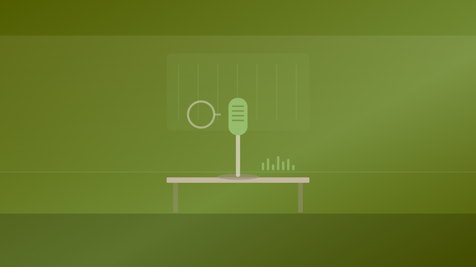 Studio microphone with a pop shield at a desk, acoustic panel behind and audio level bars beside it
