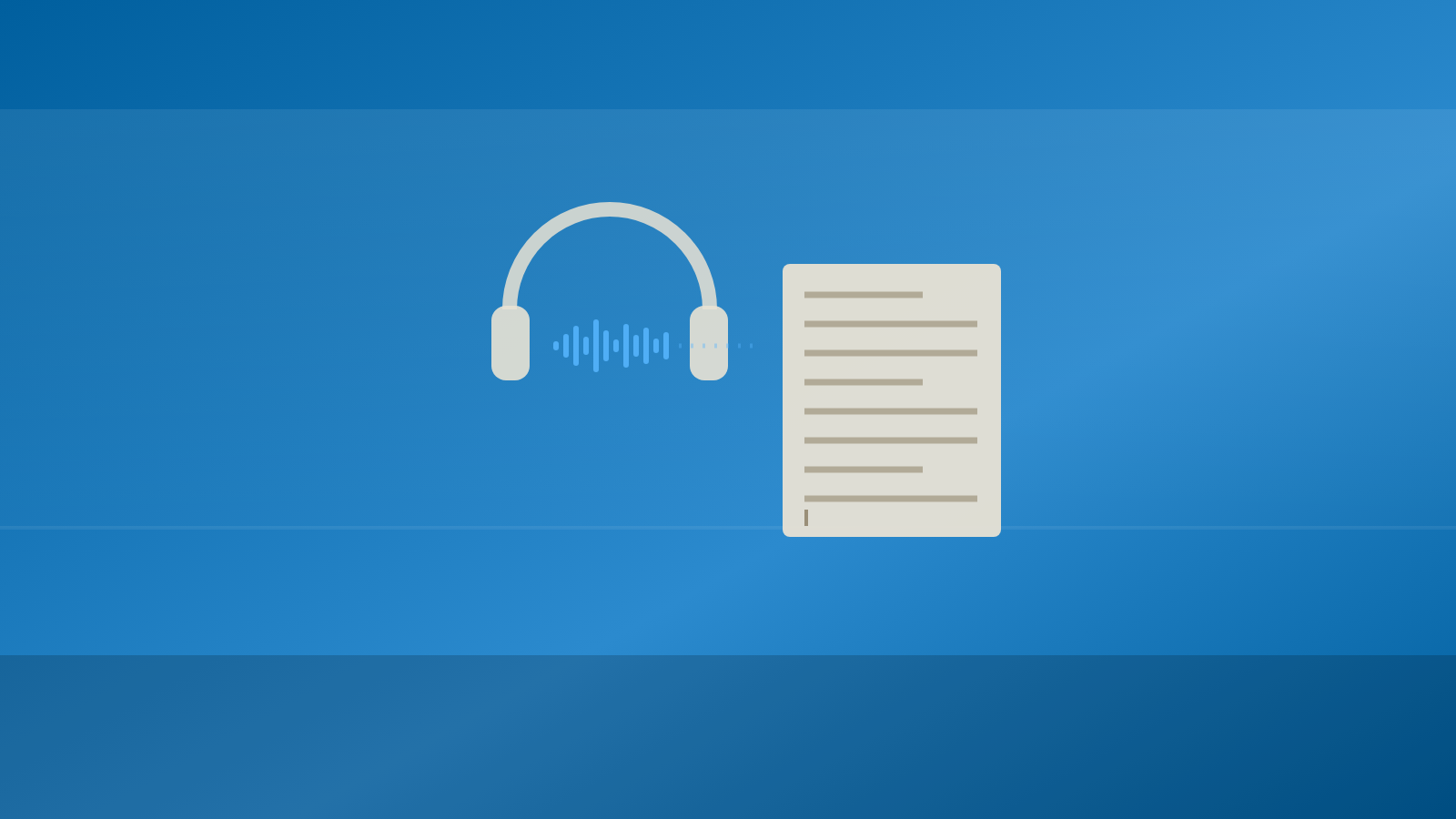 Headphones and an audio waveform being transcribed into a typed text document