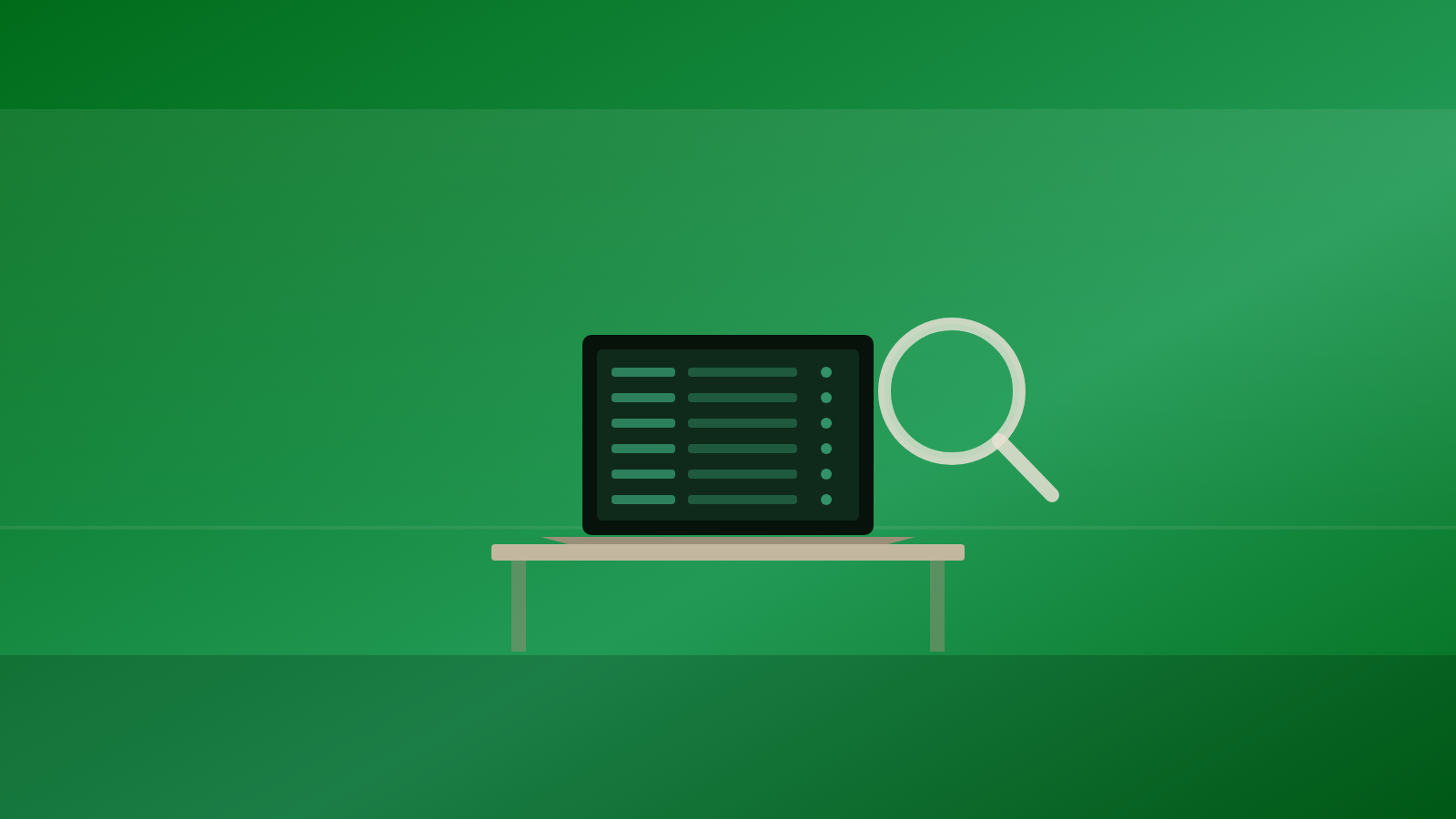 Laptop screen showing a structured research table of rows and source links, with a magnifying glass beside it