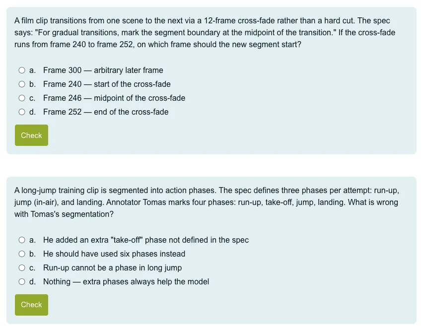 Knowledge-check questions from the free Video Annotation Basics module on segment boundaries and action phases
