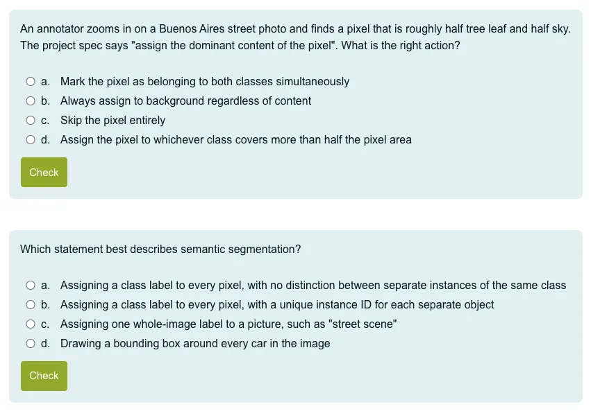 Knowledge-check questions from the free Image Segmentation Basics module on assigning mixed pixels