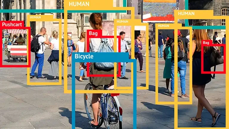 Image annotation example: bounding boxes labelling people, a bicycle, bags and a pushcart in a busy street scene