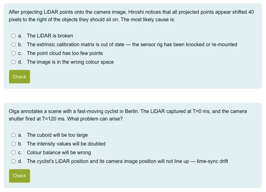 Knowledge-check questions from the free 3D Point Cloud Basics module on LiDAR calibration and camera time-sync drift