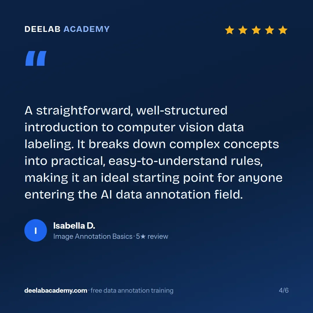 DeeLab Academy testimonial screen showing a 5-star review from Isabella D. praising Image Annotation Basics course for its straightforward introduction to computer vision data labeling.