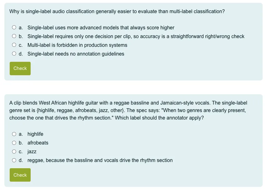 Knowledge-check questions from the free Audio Annotation Basics module on single-label versus multi-label audio classification
