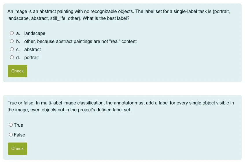 Knowledge-check questions from the free Image Annotation Basics module on single-label and multi-label classification