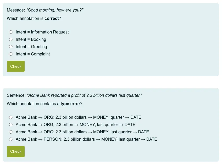 Knowledge-check questions from the free Text Annotation Basics module on intent labelling and named-entity type errors