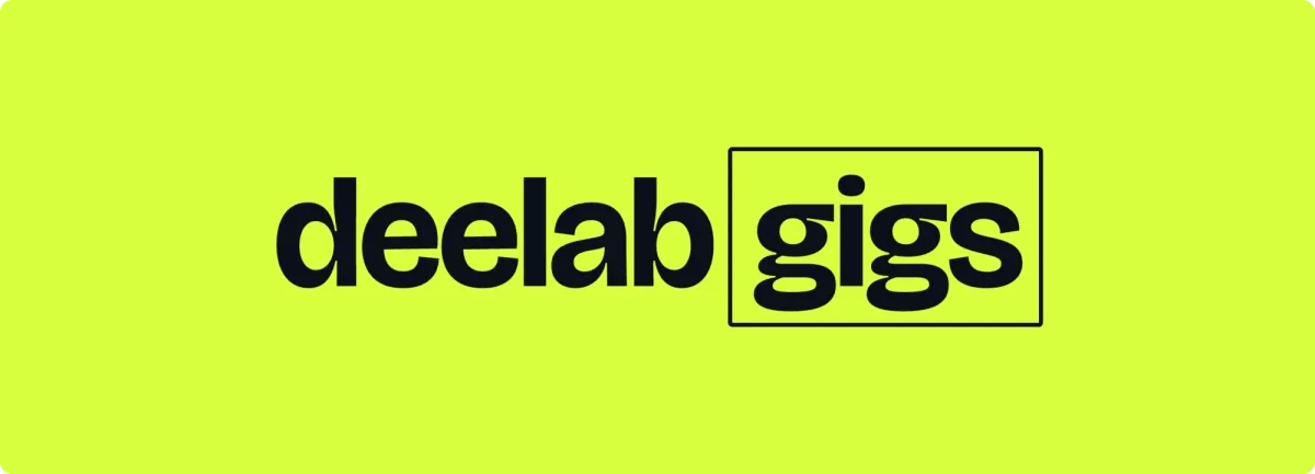 DeeLab Gigs logo on bright lime-green background with black text and rectangular border around 'gigs'
